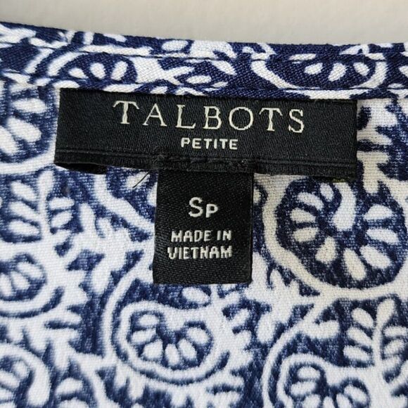 Talbots Navy Blue and White Wrap Style Blouse | Petite Small | Tie Belt - Picture 9 of 11